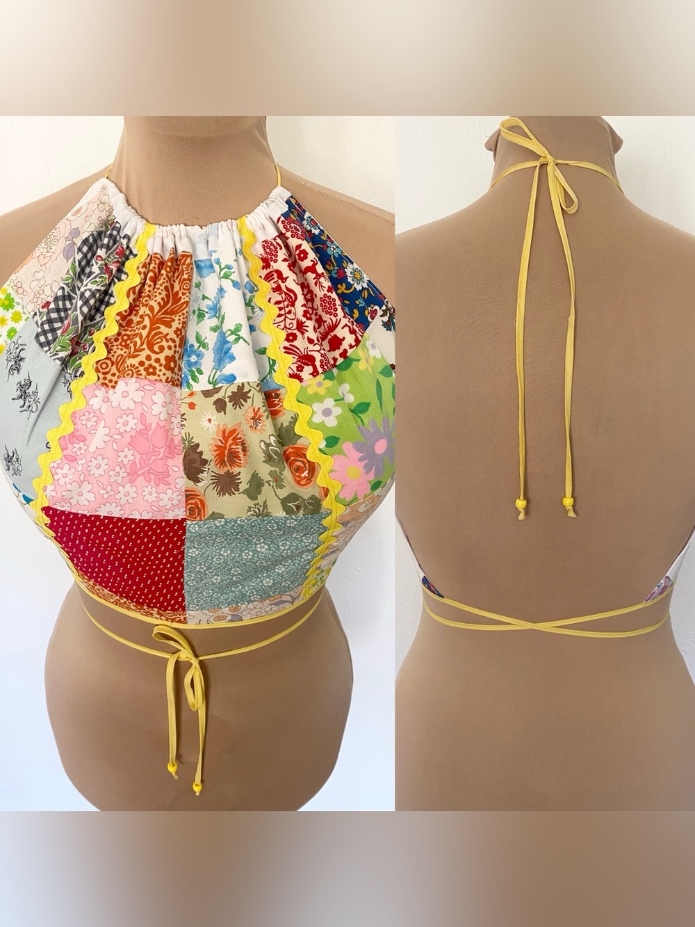 Vintage 70s-Inspired Quilted Halter Top *Medium* Mod Patchwork Boho Crop Top